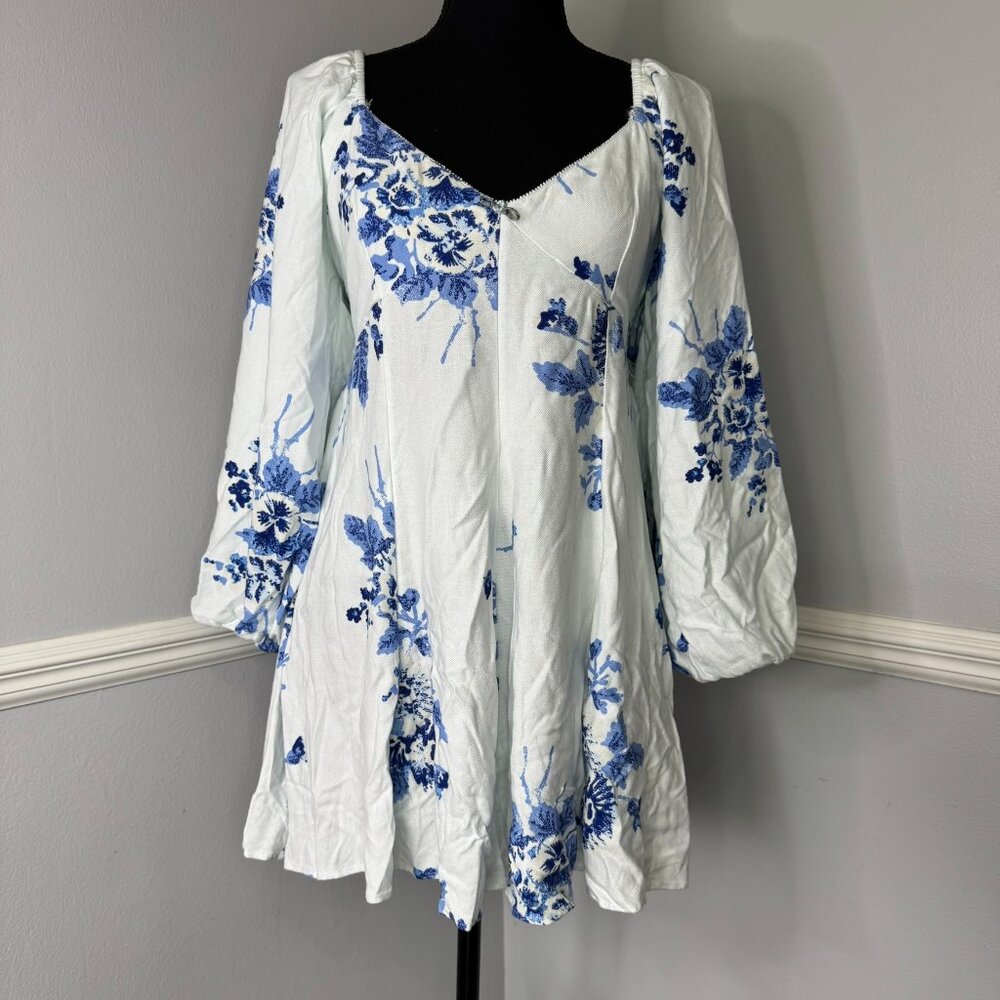 Free People Floral Francesca Blue White Swing Mini Dress Casual Balloon Sleeve S